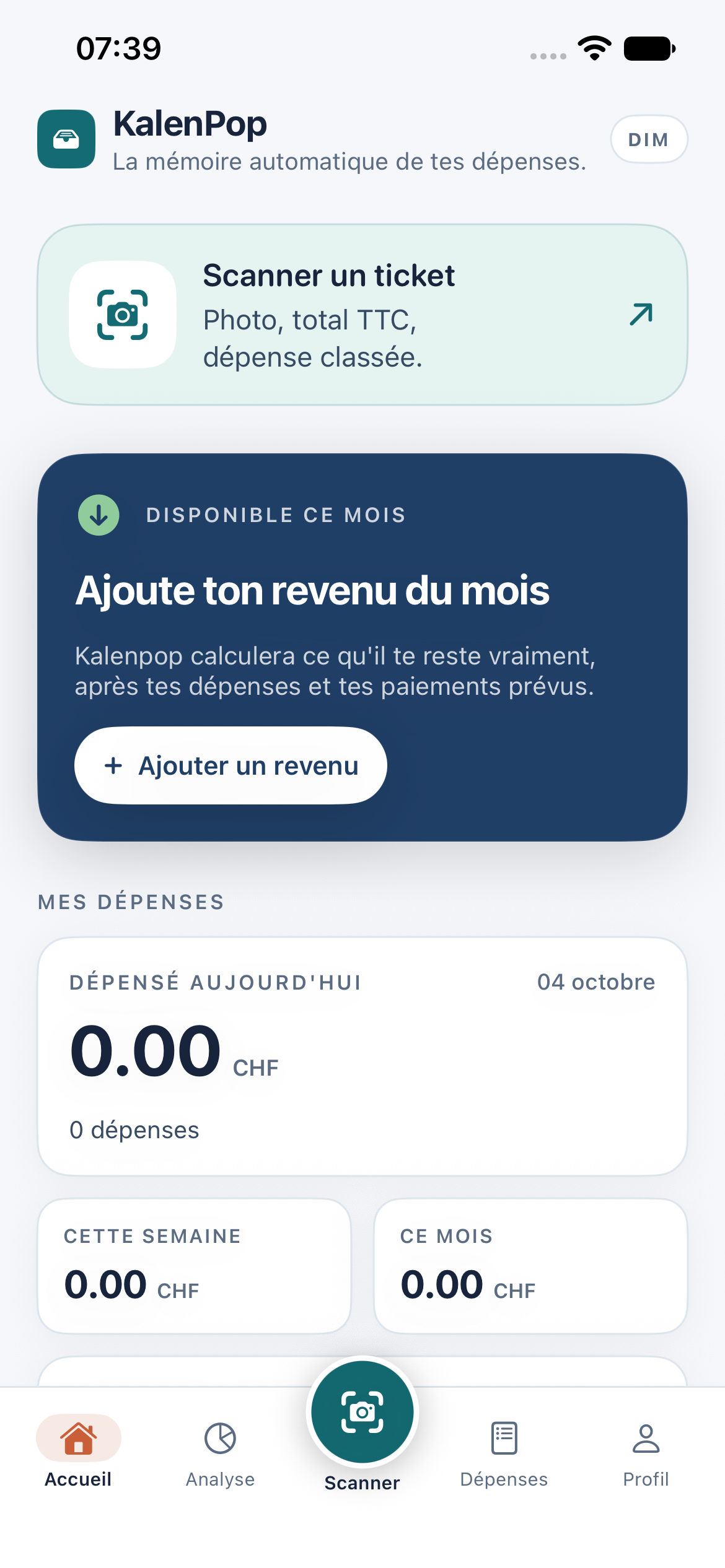 Accueil KalenPop avec scan de ticket et vue du mois